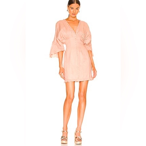 Joslin Studio Taylor Linen Ramie Mini Dress US Size 2 Rose V Neck Ruffle Hem - Picture 1 of 15